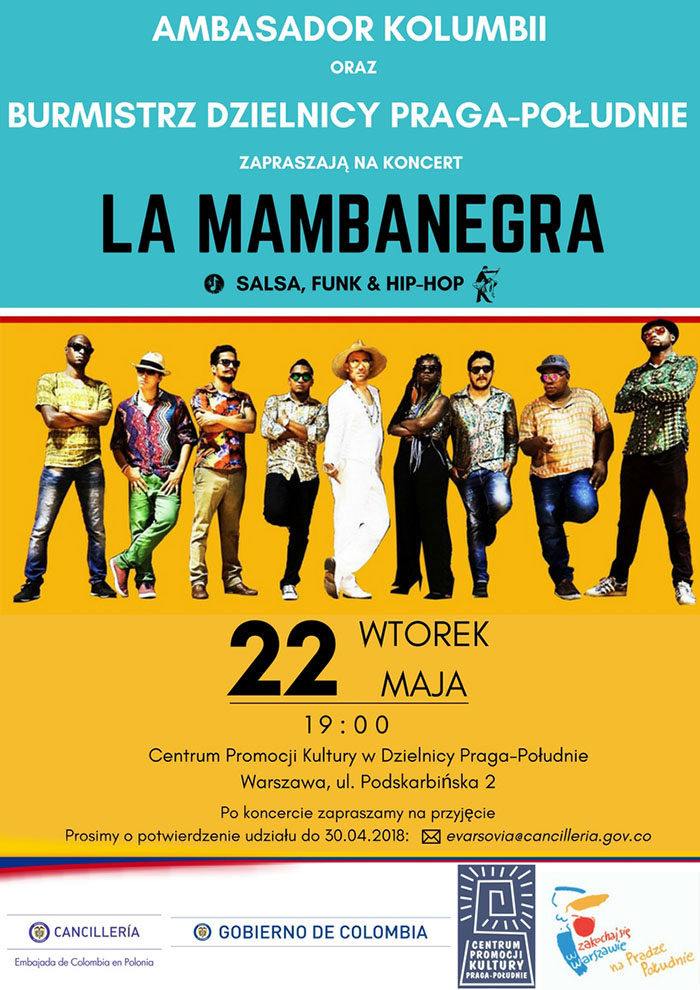 Zaproszenie od Ambasadora Kolumbii na koncert zespołu Mambanegra w Warszawie, 22 maja 2018