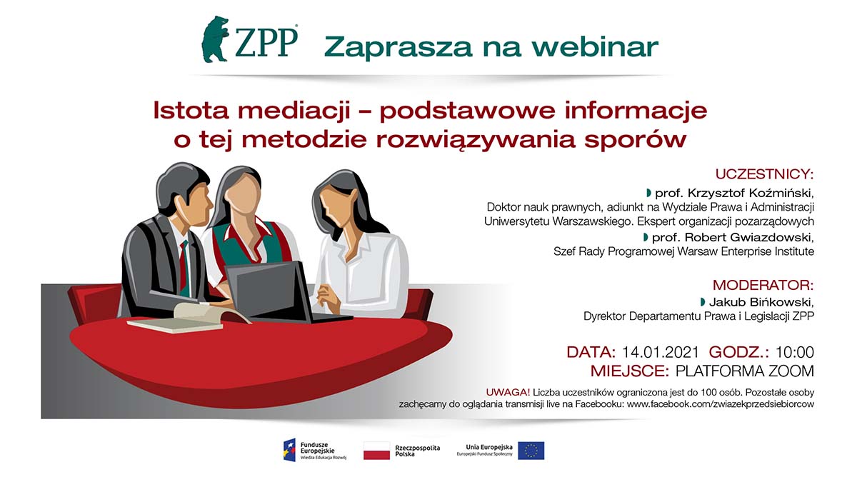 Webinar ZPP "Istota mediacji – podstawowe informacje o tej metodzie rozwiązywania sporów"